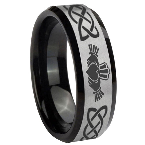 10mm Irish Claddagh Beveled Brushed Silver Black Tungsten Custom Mens Ring