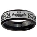 10mm Irish Claddagh Beveled Brushed Silver Black Tungsten Ring