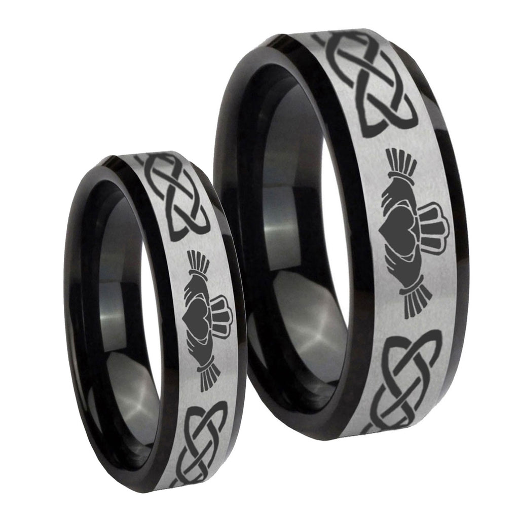 Irish Claddagh Beveled Edges Brush Black 2 Tone Tungsten Wedding Band Set