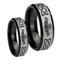 Irish Claddagh Beveled Edges Brush Black 2 Tone Tungsten Wedding Band Set