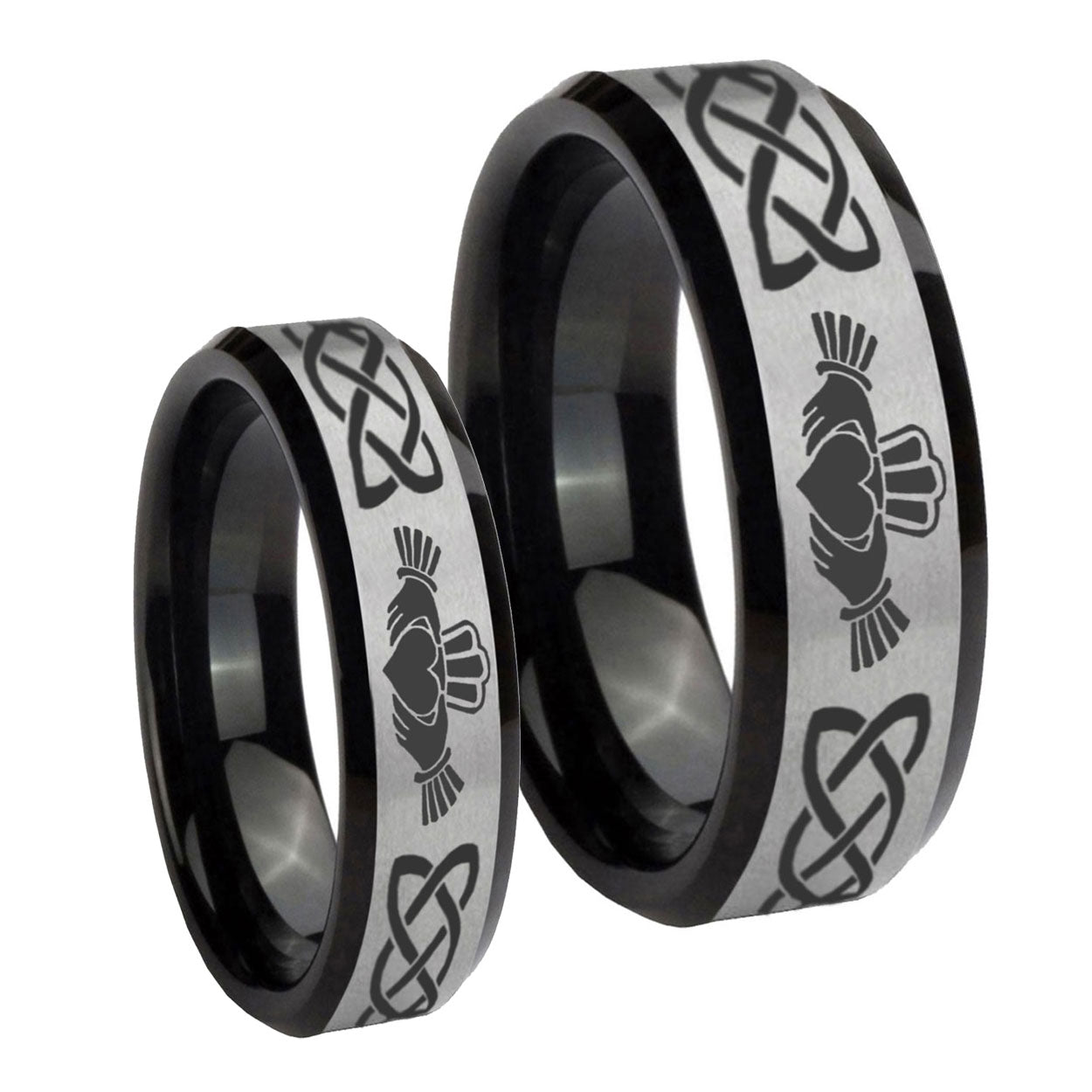 Irish Claddagh Beveled Edges Brush Black 2 Tone Tungsten Wedding Band Set
