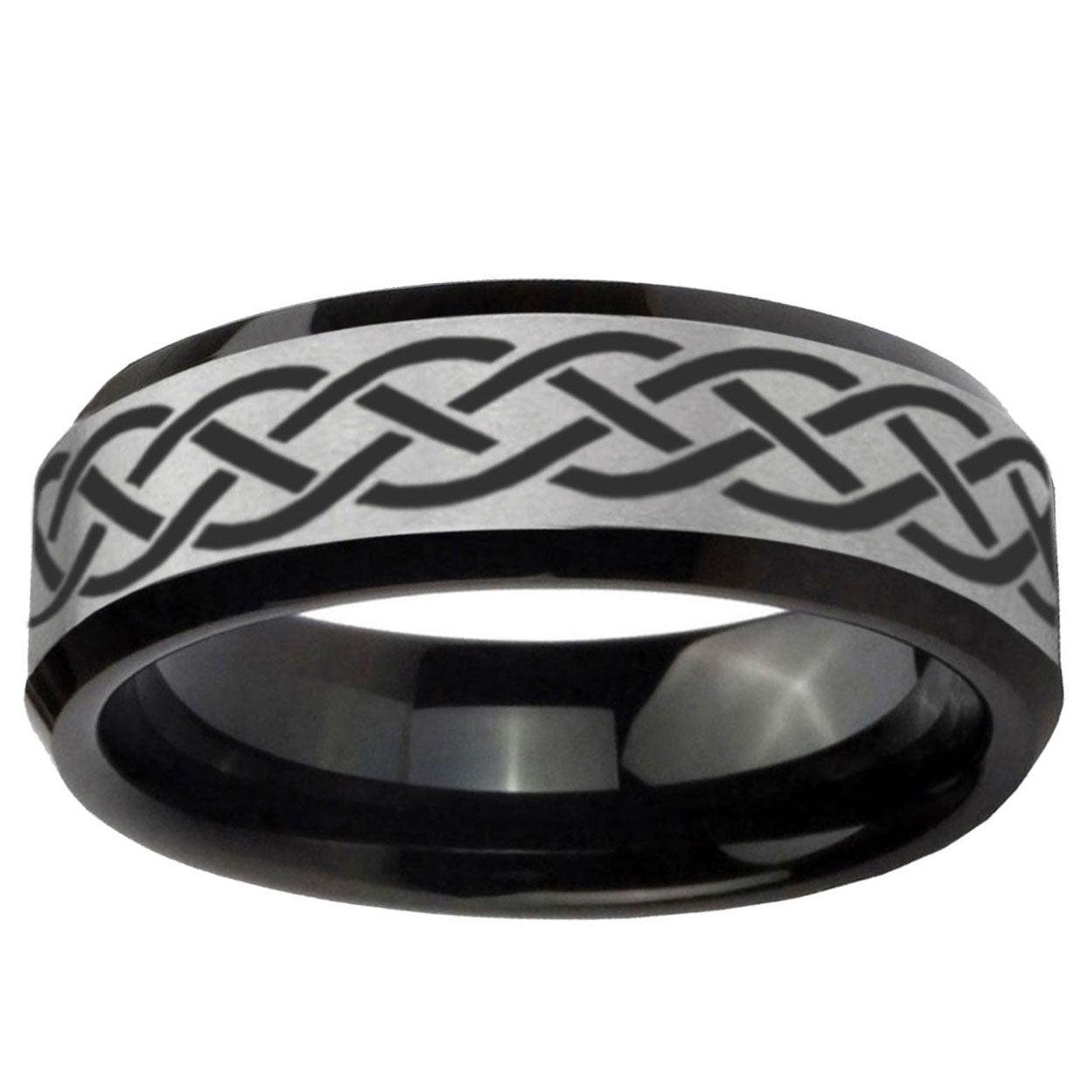 5mm Celtic Knot Symbol Two-Tone Beveled Gray Black Tungsten Wedding Ring
