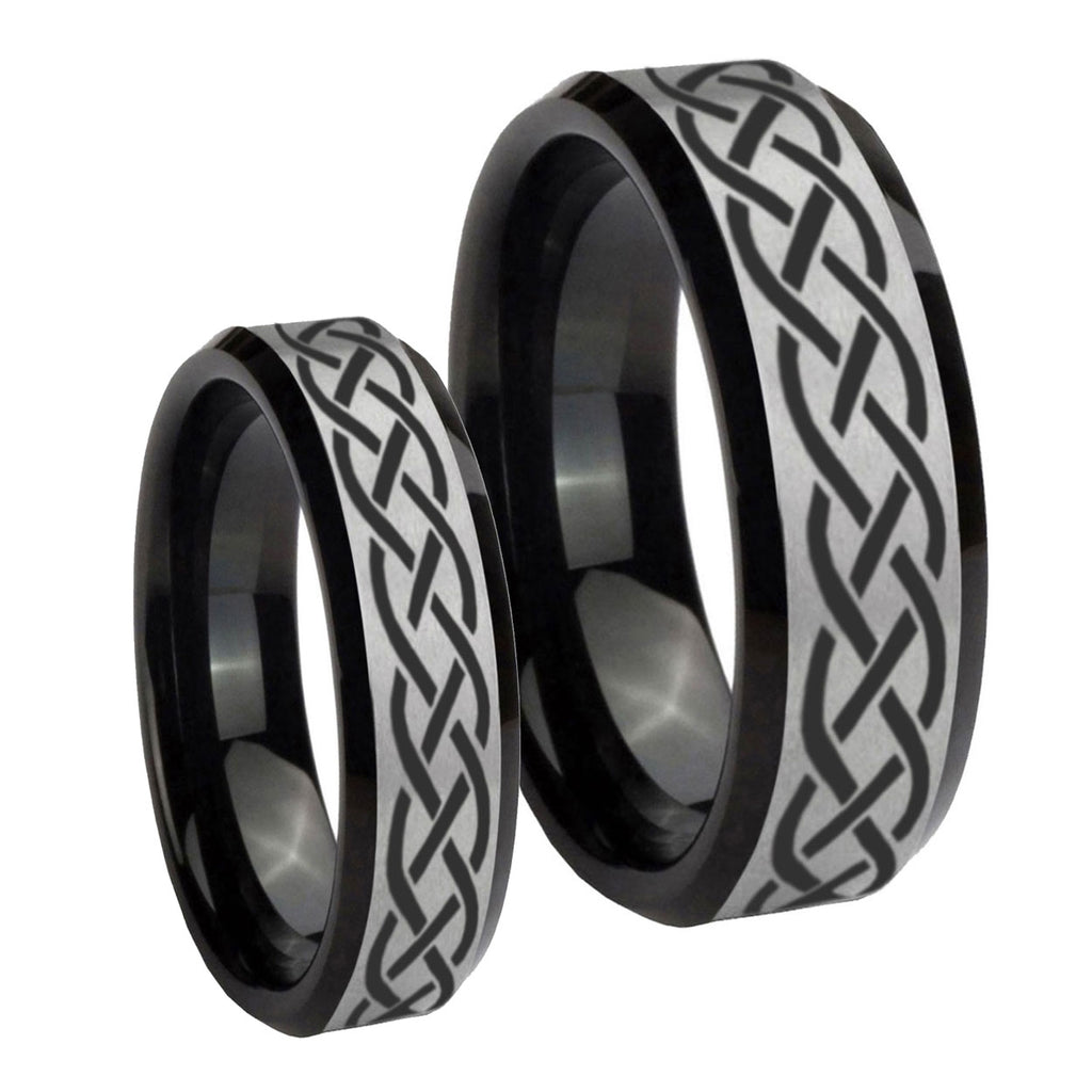 Celtic Knot Beveled Brush Black 2 Tone Tungsten His And Hers Ring