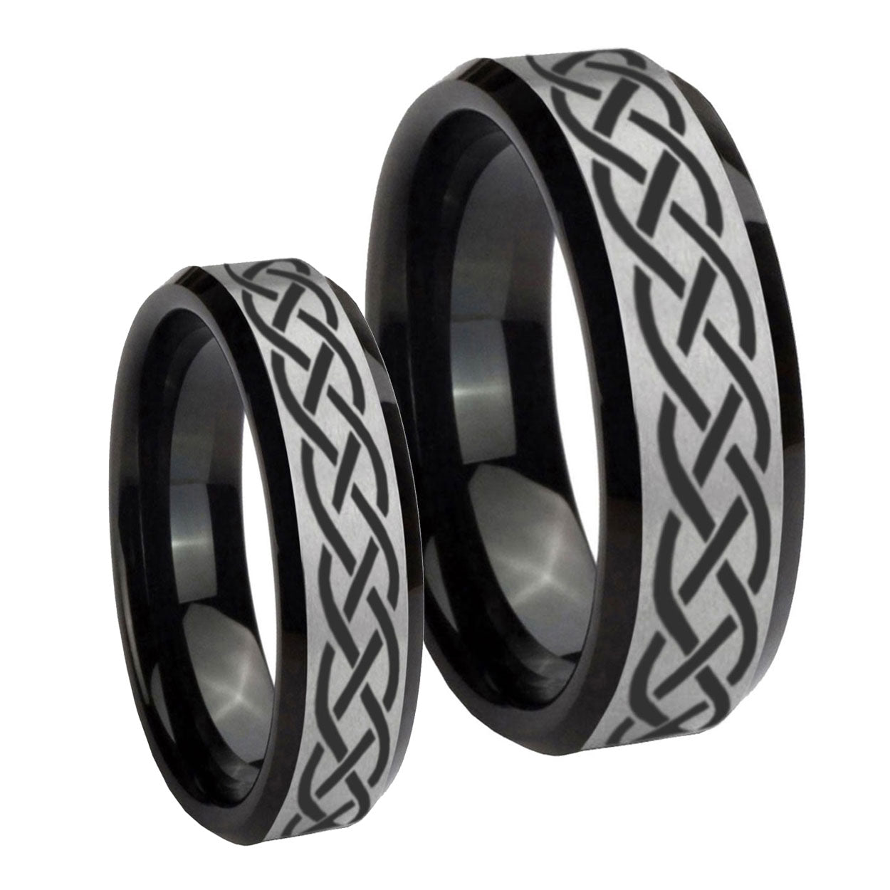 Celtic Knot Beveled Brush Black 2 Tone Tungsten His And Hers Ring