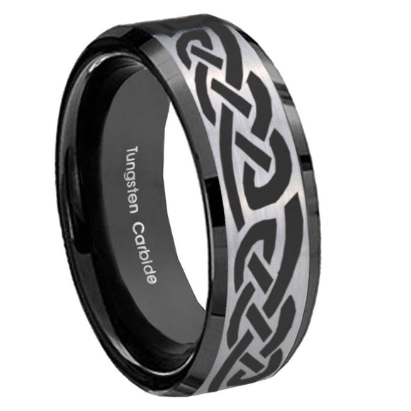 10mm-Celtic-Knot-Infinity-Love-Beveled-Brushed-Silver-Black-Tungsten-Custom-Mens-Ring