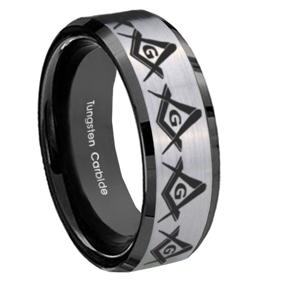 10mm-Masonic-Square-and-Compass-Beveled-Brushed-Silver-Black-Tungsten-Custom-Mens-Ring