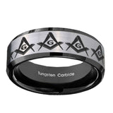 10mm-Masonic-Square-and-Compass-Beveled-Brushed-Silver-Black-Tungsten-Custom-Mens-Ring