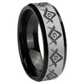 8mm Masonic Square and Compass Two-Tone Beveled Gray Black Tungsten Wedding Ring