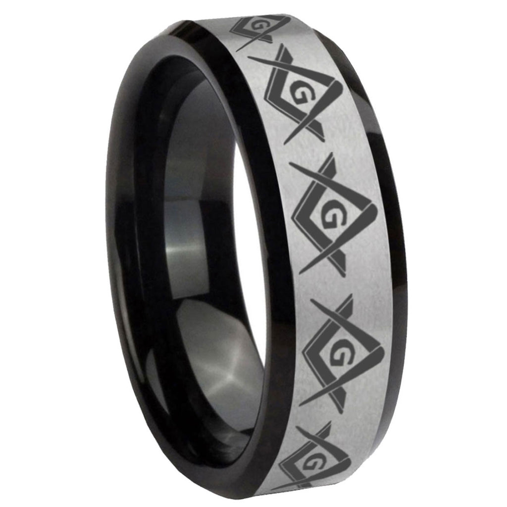 10mm Masonic Square and Compass Beveled Brushed Silver Black Tungsten Custom Mens Ring