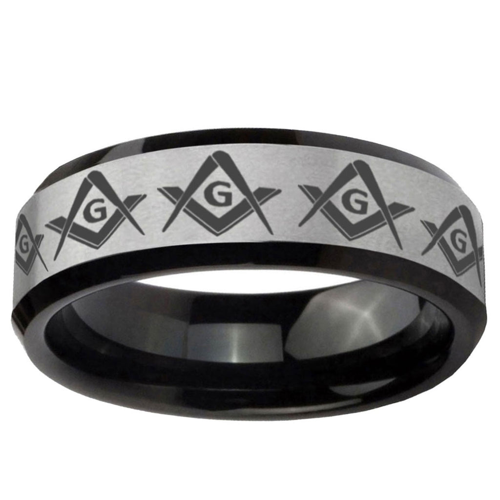 10mm Masonic Square and Compass Beveled Brushed Silver Black Tungsten Ring