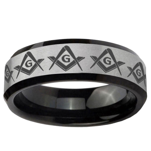 10mm Masonic Square and Compass Beveled Brushed Silver Black Tungsten Ring