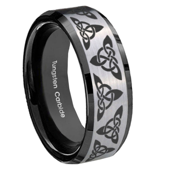 10mm-Celtic-Knot-Beveled-Brushed-Silver-Black-Tungsten-Custom-Mens-Ring