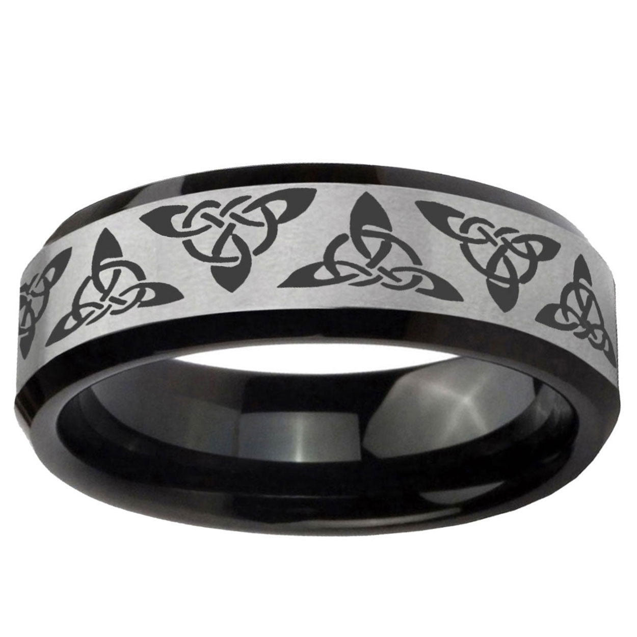 10mm Celtic Knot Beveled Brushed Silver Black Tungsten Ring