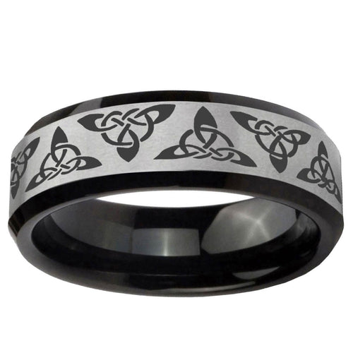 10mm Celtic Knot Beveled Brushed Silver Black Tungsten Ring