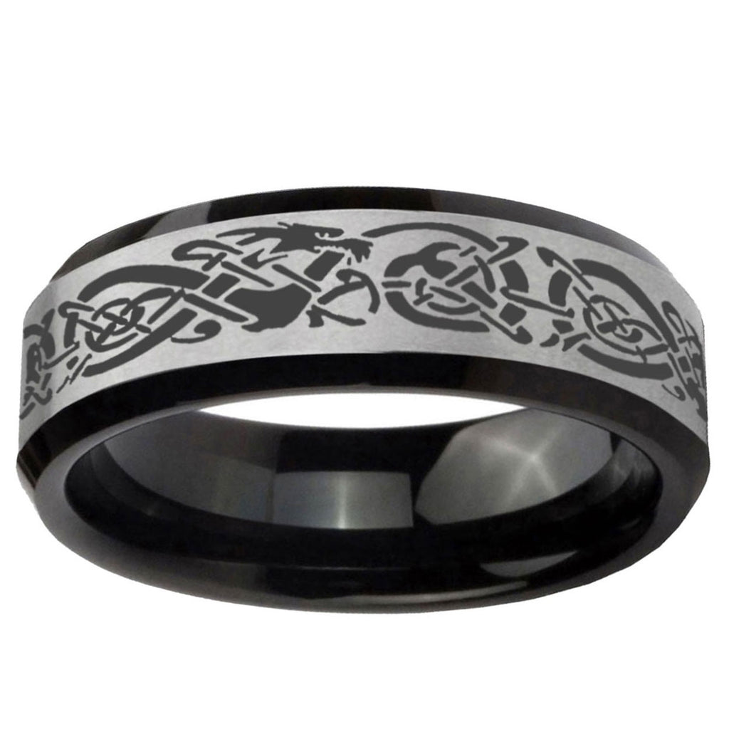 10mm Celtic Knot Dragon Beveled Brushed Silver Black Tungsten Mens Promise Ring