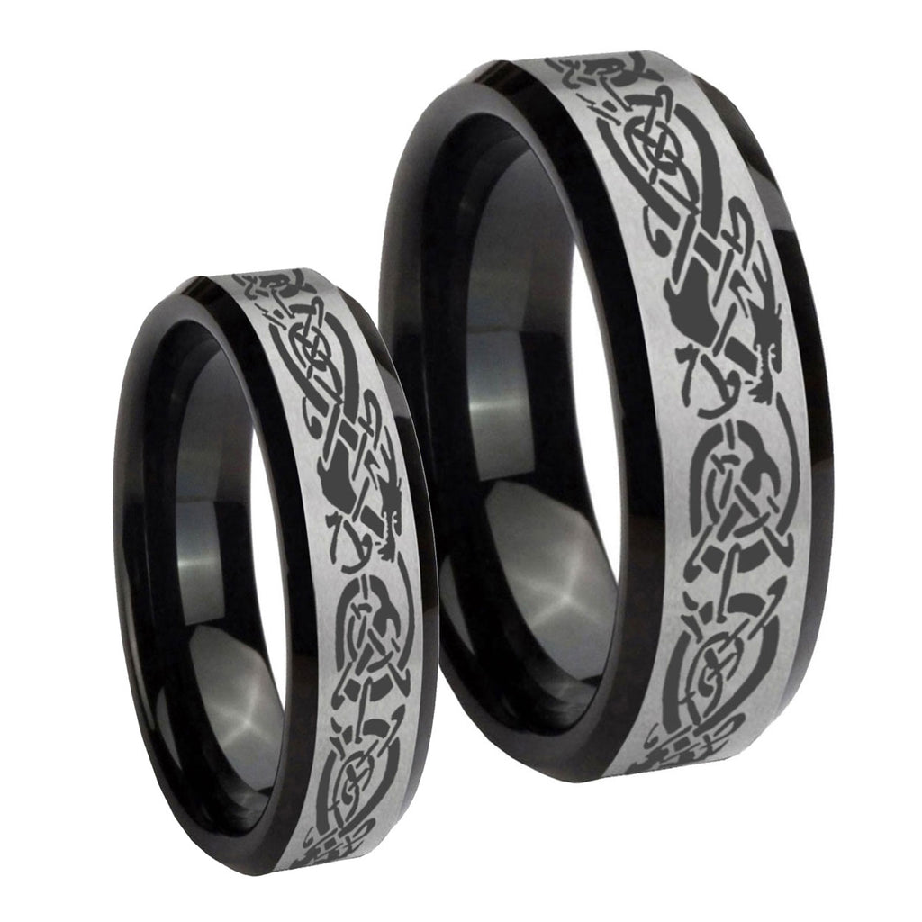 Celtic Knot Dragon Beveled Brush Black 2 Tone Tungsten Bridal Ring Sets