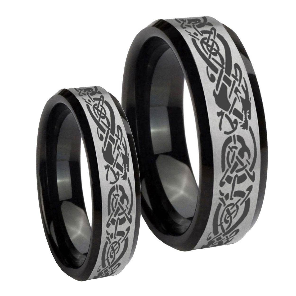 Celtic Knot Dragon Beveled Brush Black 2 Tone Tungsten Bridal Ring Sets