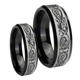 His Hers Celtic Knot Dragon Beveled Brush Black 2 Tone Tungsten Men Rings Set