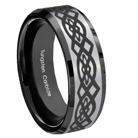 8mm-Celtic-Knot-Beveled-Edges-Brush-Black-2-Tone-Tungsten-Carbide-Mens-Ring