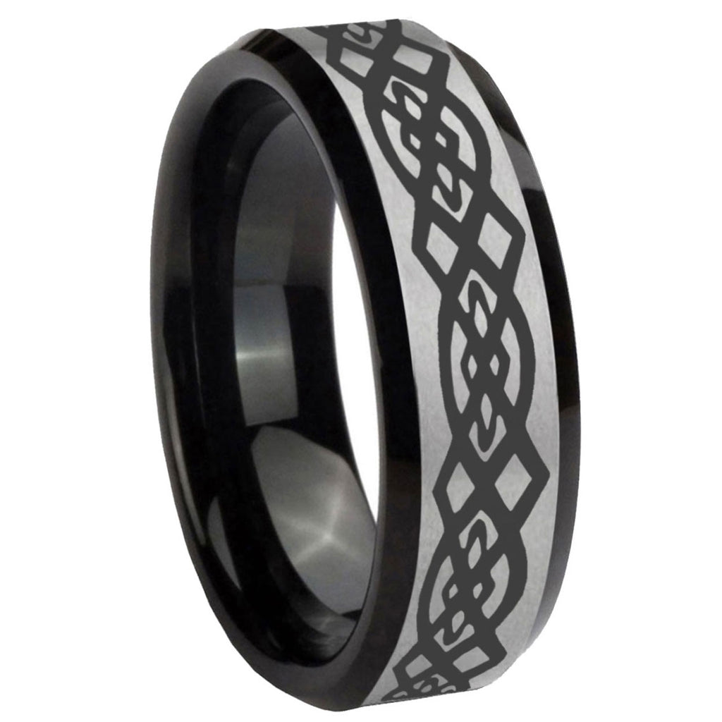 10mm Celtic Knot Beveled Edges Brushed Silver Black Tungsten Mens Wedding Ring