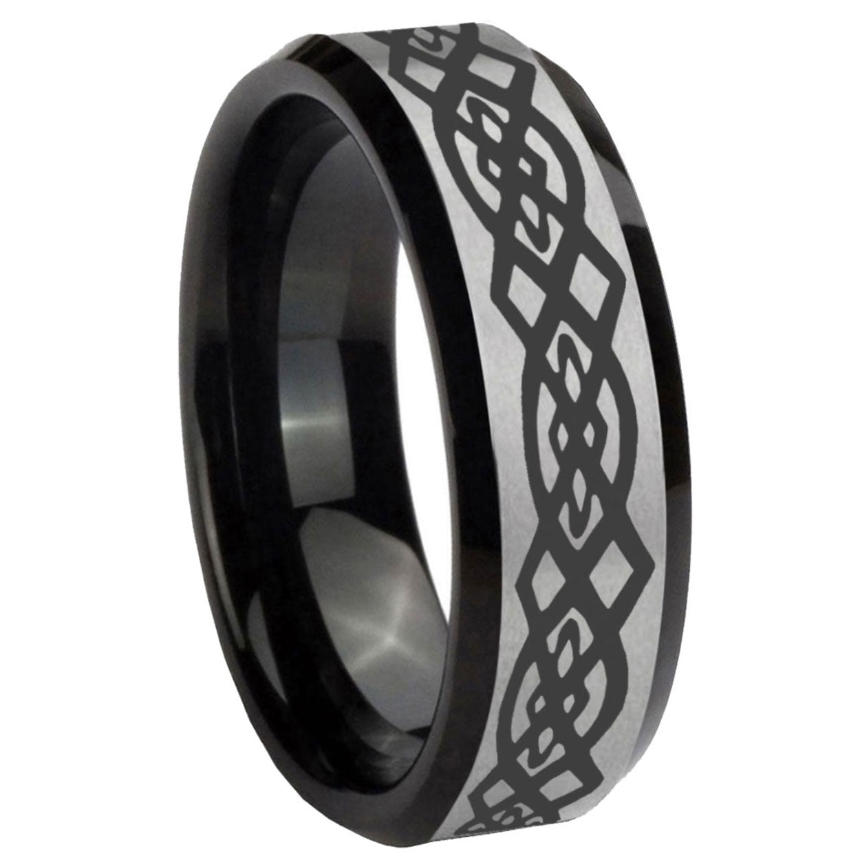 10mm Celtic Knot Beveled Edges Brushed Silver Black Tungsten Mens Wedding Ring