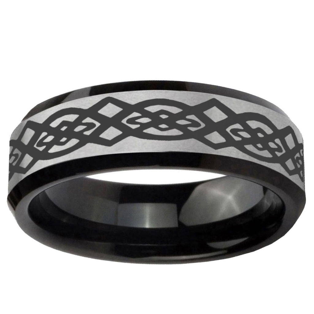10mm Celtic Knot Beveled Edge Brushed Silver Black Tungsten Mens Wedding Ring