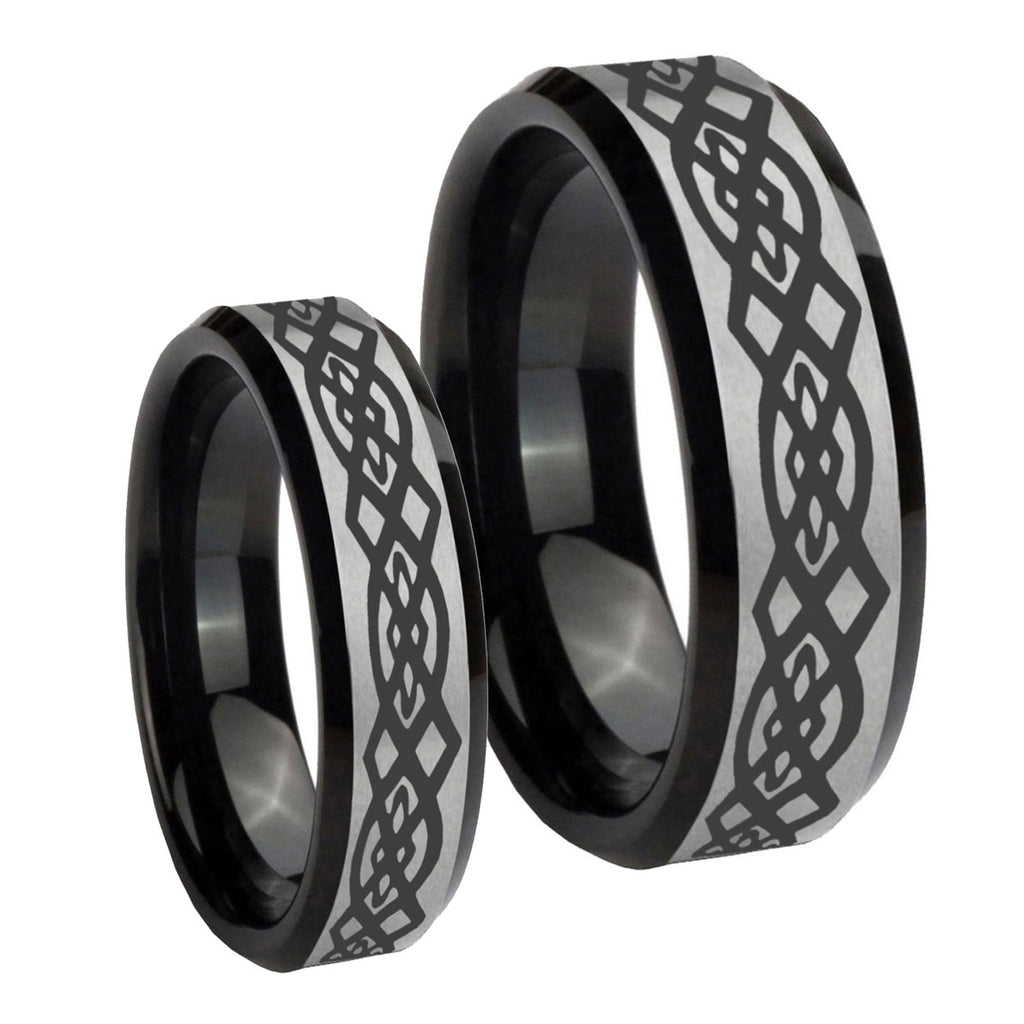 Celtic Knot Beveled Edges Brush Black 2 Tone Tungsten Wedding Band Set