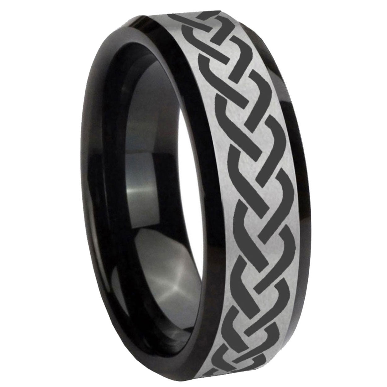 8mm Laser Celtic Knot Two-Tone Beveled Gray Black Tungsten Wedding Ring