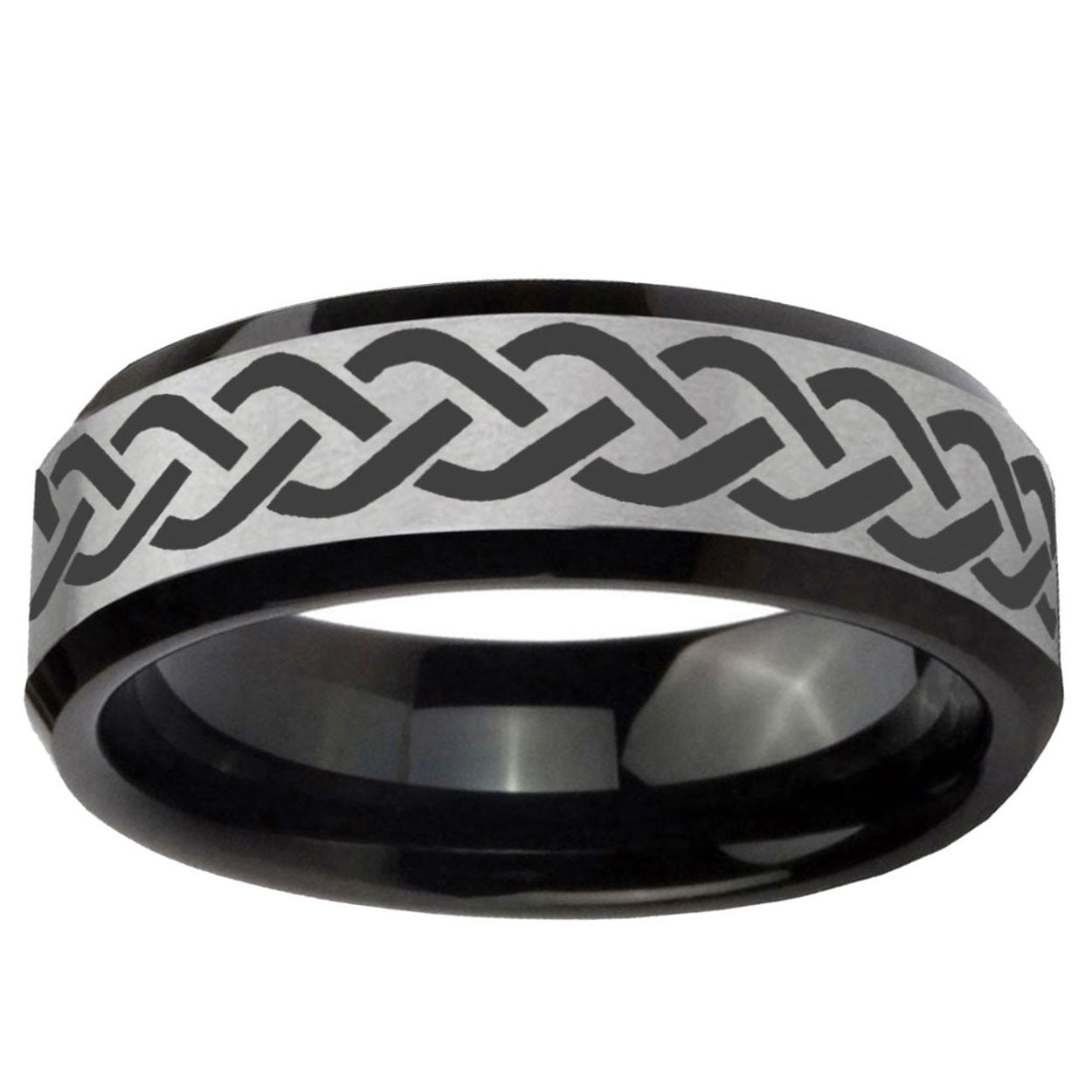 10mm Laser Celtic Knot Beveled Brushed Silver Black Tungsten Ring