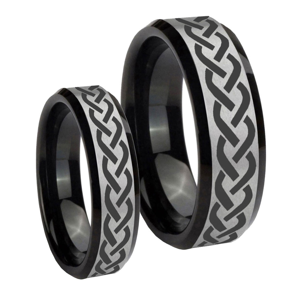 Laser Celtic Knot Beveled Brush Black 2 Tone Tungsten Wedding Set Rings