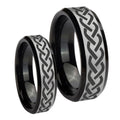 Laser Celtic Knot Beveled Brush Black 2 Tone Tungsten Wedding Set Rings