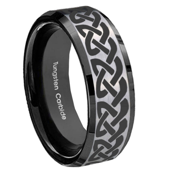 10mm-Celtic-Knot-Love-Beveled-Brushed-Silver-Black-Tungsten-Custom-Mens-Ring