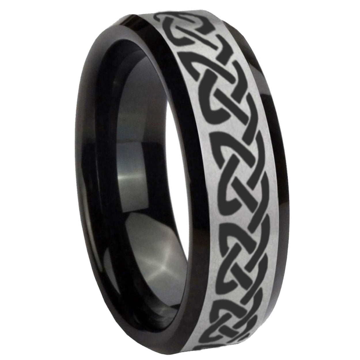 10mm Celtic Knot Love Beveled Brushed Silver Black Tungsten Custom Mens Ring