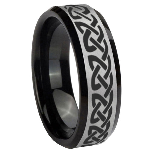 10mm Celtic Knot Love Beveled Brushed Silver Black Tungsten Custom Mens Ring