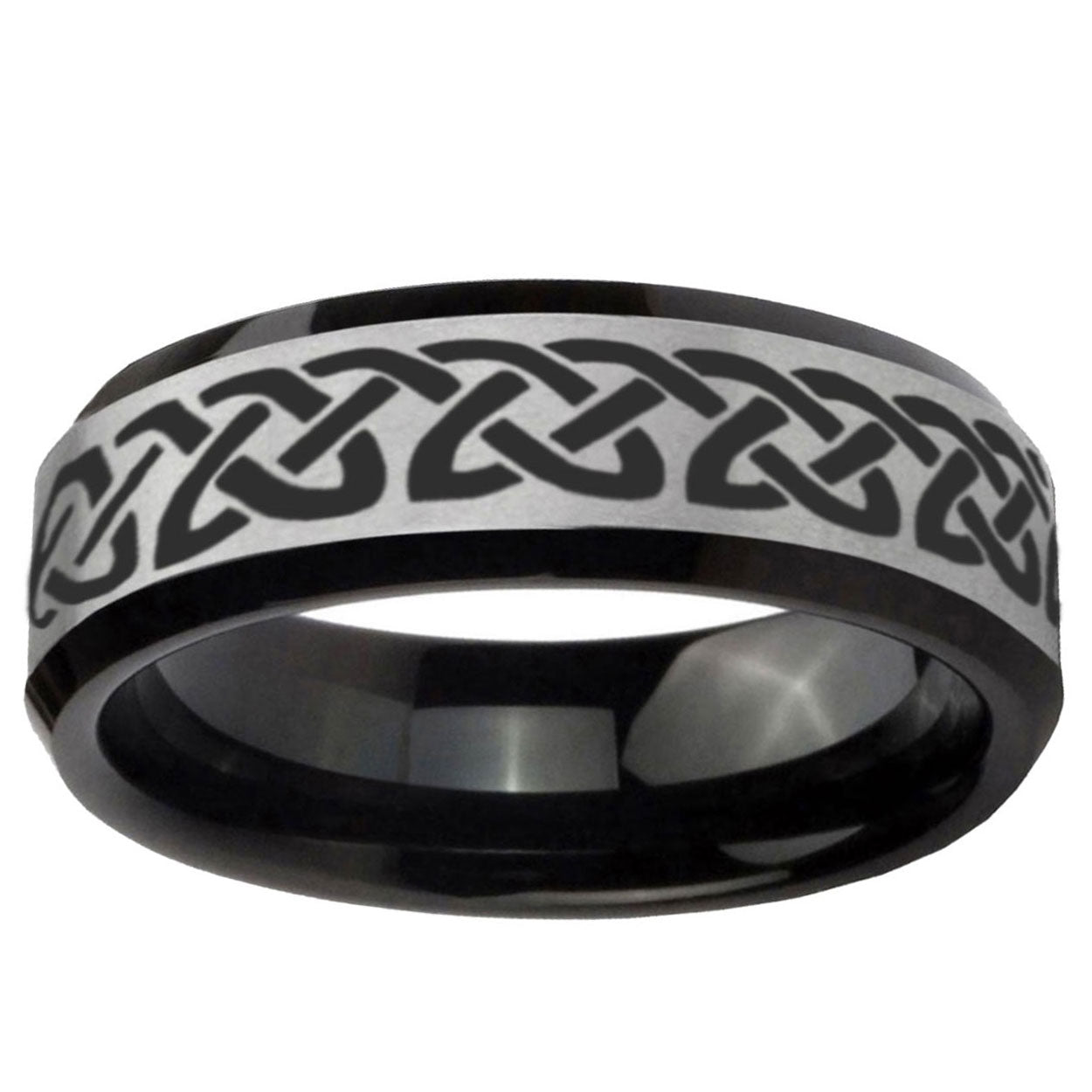 10mm Celtic Knot Love Beveled Brushed Silver Black Tungsten Ring