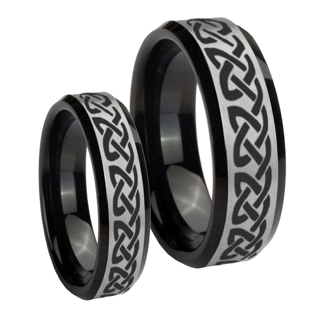 Celtic Knot Love Beveled Brush Black 2 Tone Tungsten Wedding Ring Sets