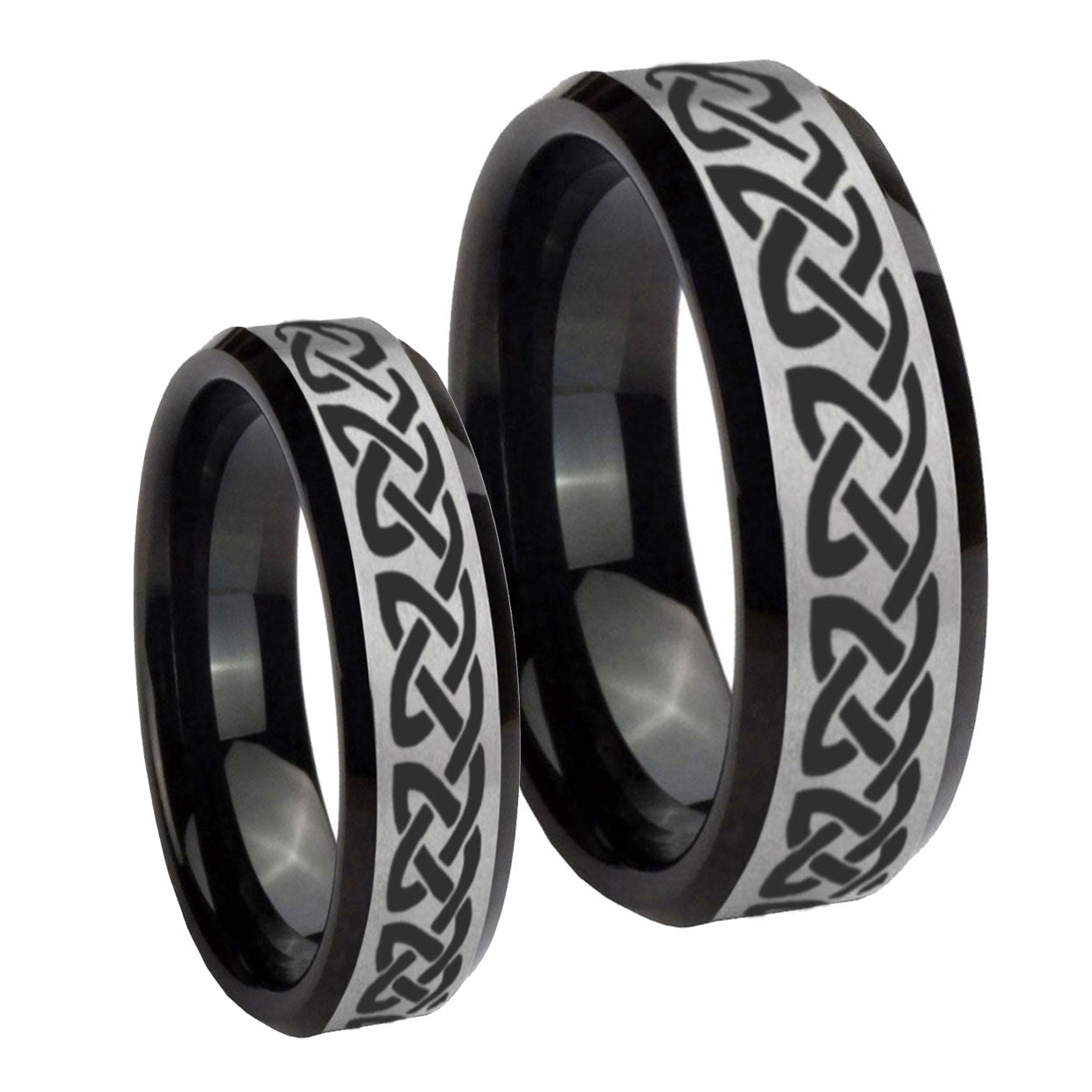 Celtic Knot Love Beveled Brush Black 2 Tone Tungsten Wedding Ring Sets