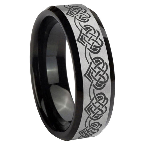 10mm Celtic Knot Heart Beveled Brushed Silver Black Tungsten Custom Mens Ring