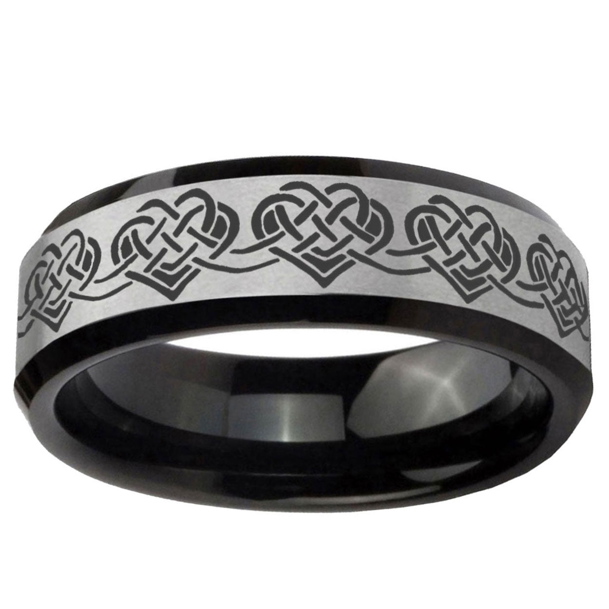 10mm Celtic Knot Heart Beveled Brushed Silver Black Tungsten Ring