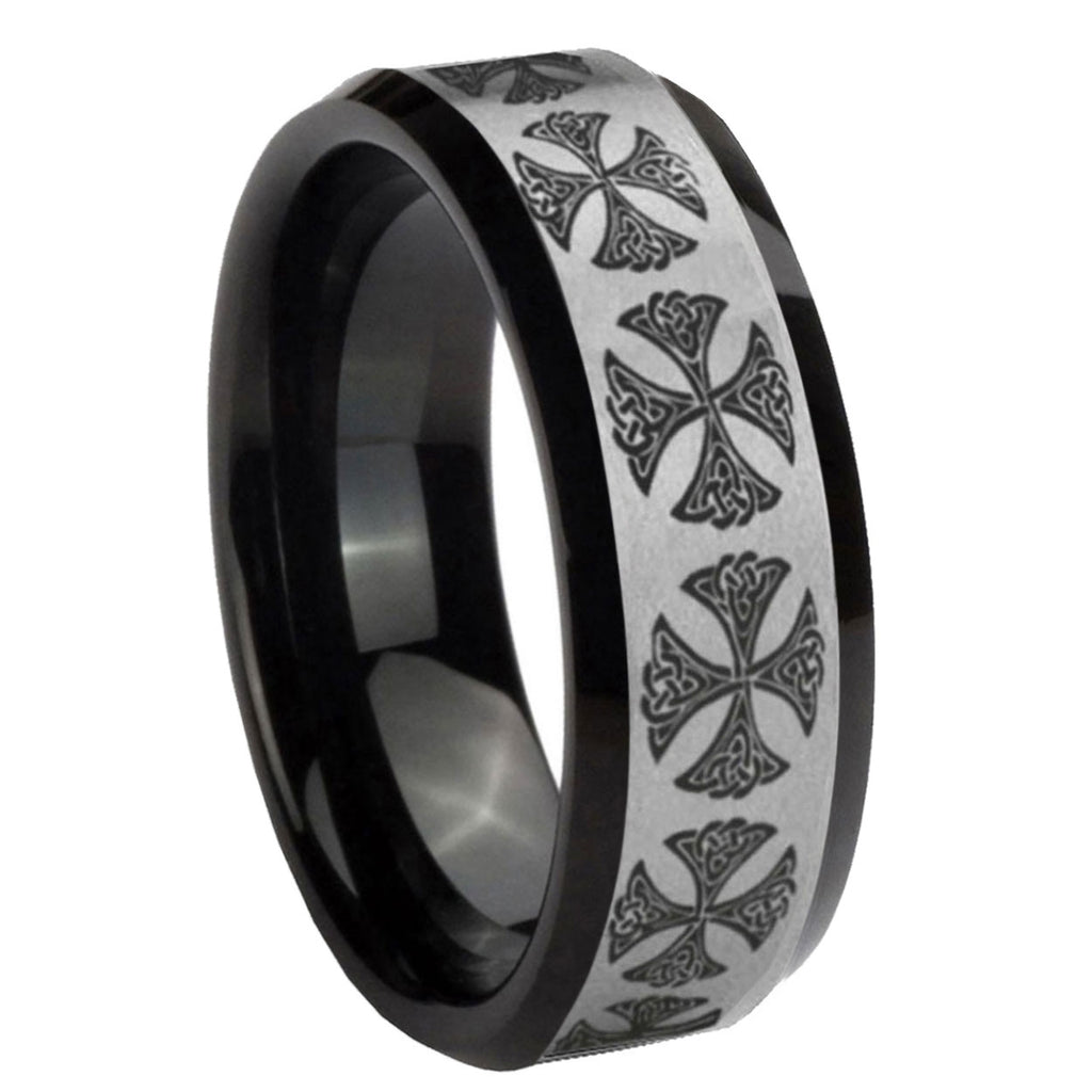 10mm Medieval Cross Beveled Brushed Silver Black Tungsten Custom Mens Ring