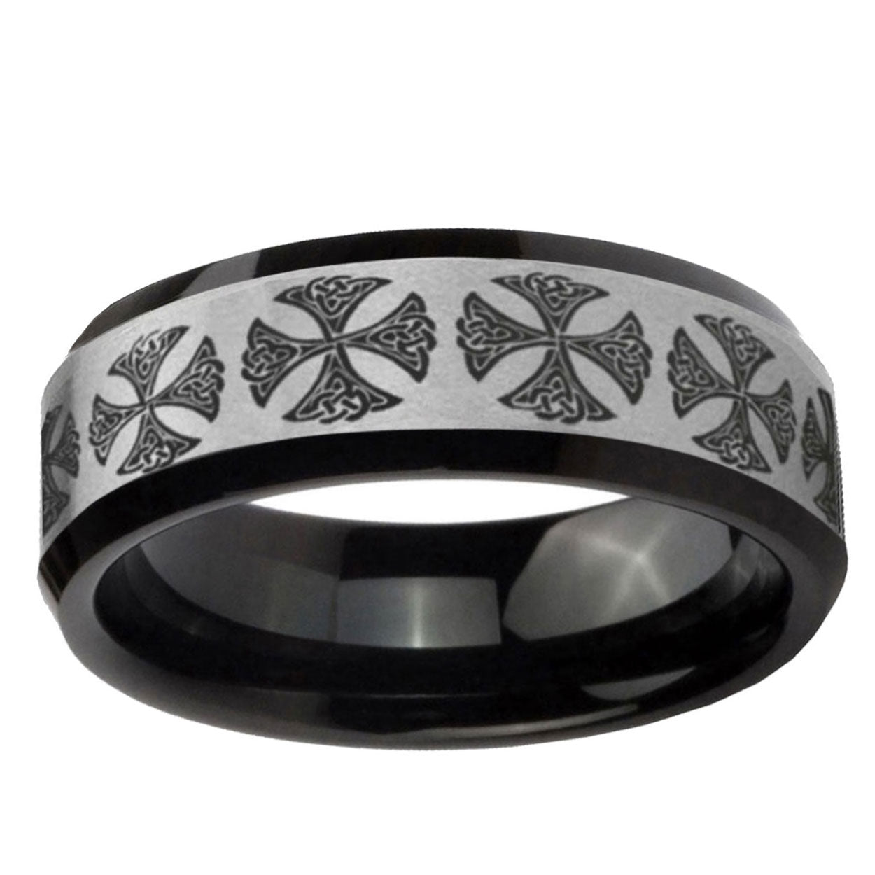 10mm Medieval Cross Beveled Brushed Silver Black Tungsten Ring