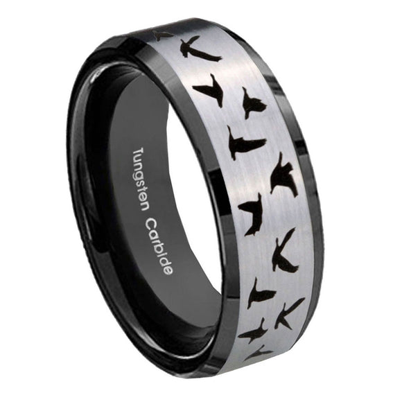 10mm-Flying-Geese-Hunting-Beveled-Brushed-Silver-Black-Tungsten-Custom-Mens-Ring