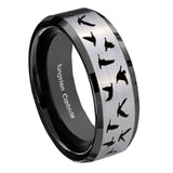 10mm-Flying-Geese-Hunting-Beveled-Brushed-Silver-Black-Tungsten-Custom-Mens-Ring