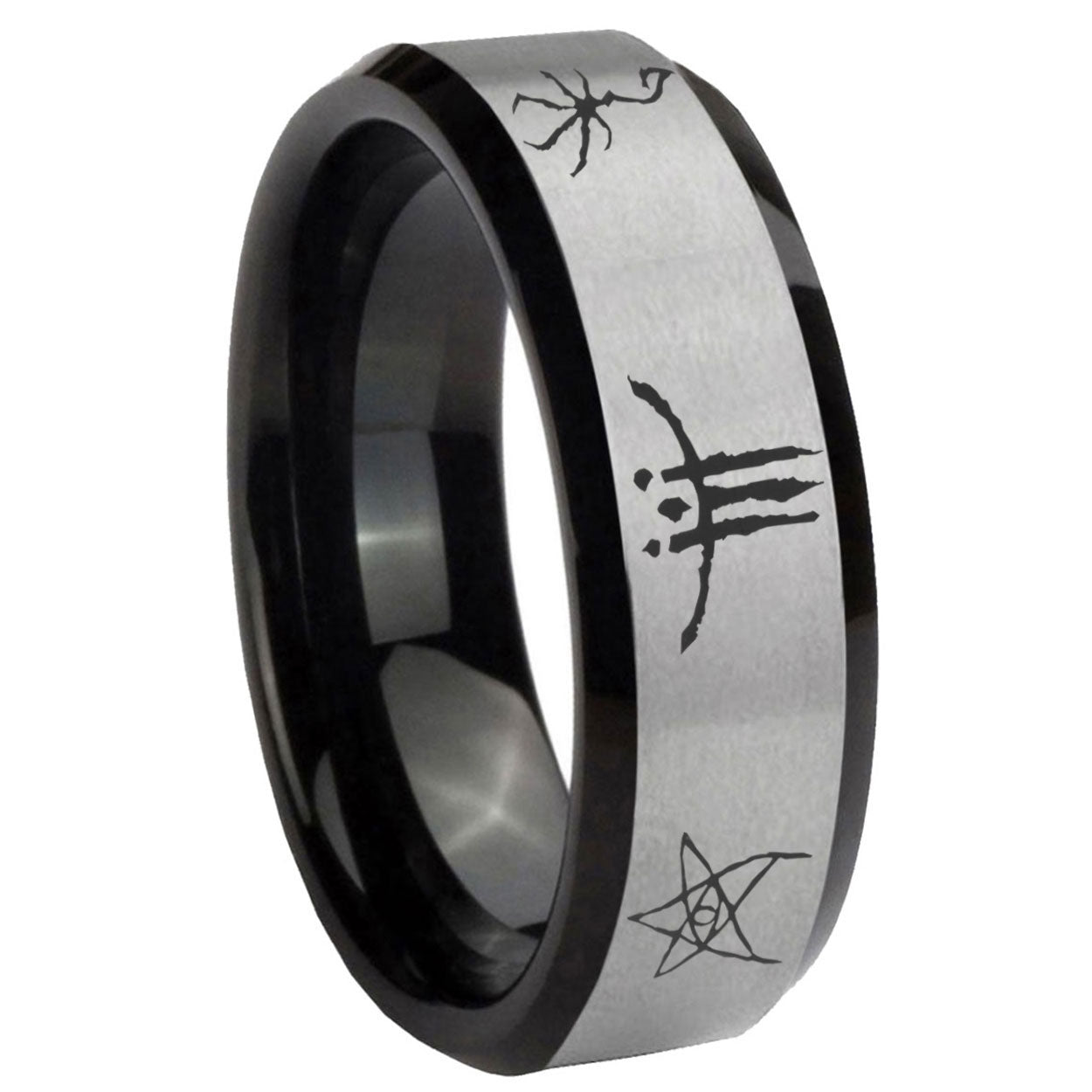 8mm Blackborne Caryll Runes Two-Tone Beveled Gray Black Tungsten Wedding Ring