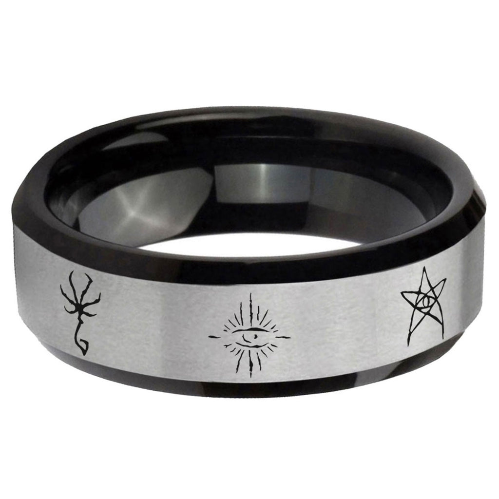 5mm Blackborne Caryll Runes Two-Tone Beveled Gray Black Tungsten Wedding Ring