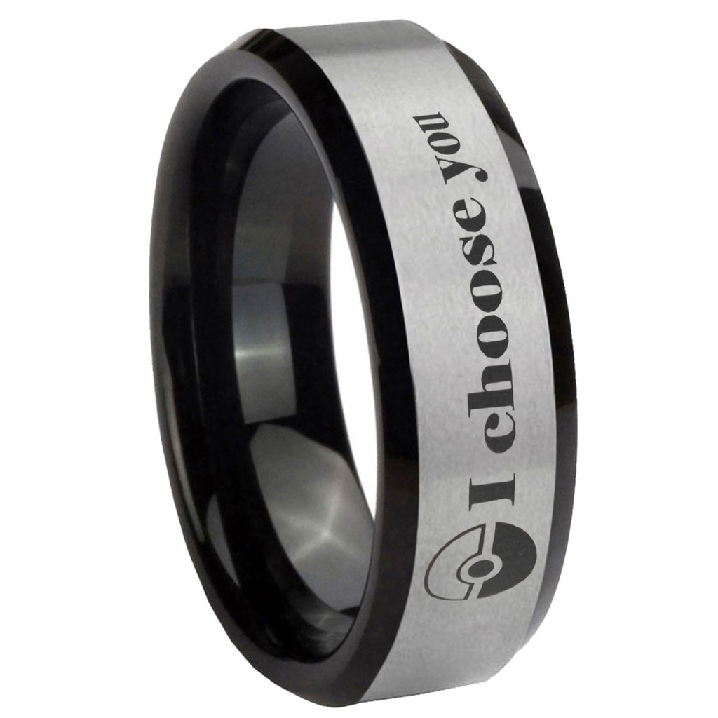 8mm Pokeball Pokemon Two-Tone Beveled Gray Black Tungsten Wedding Ring