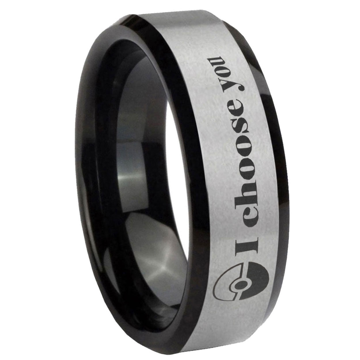 8mm Pokeball Pokemon Two-Tone Beveled Gray Black Tungsten Wedding Ring