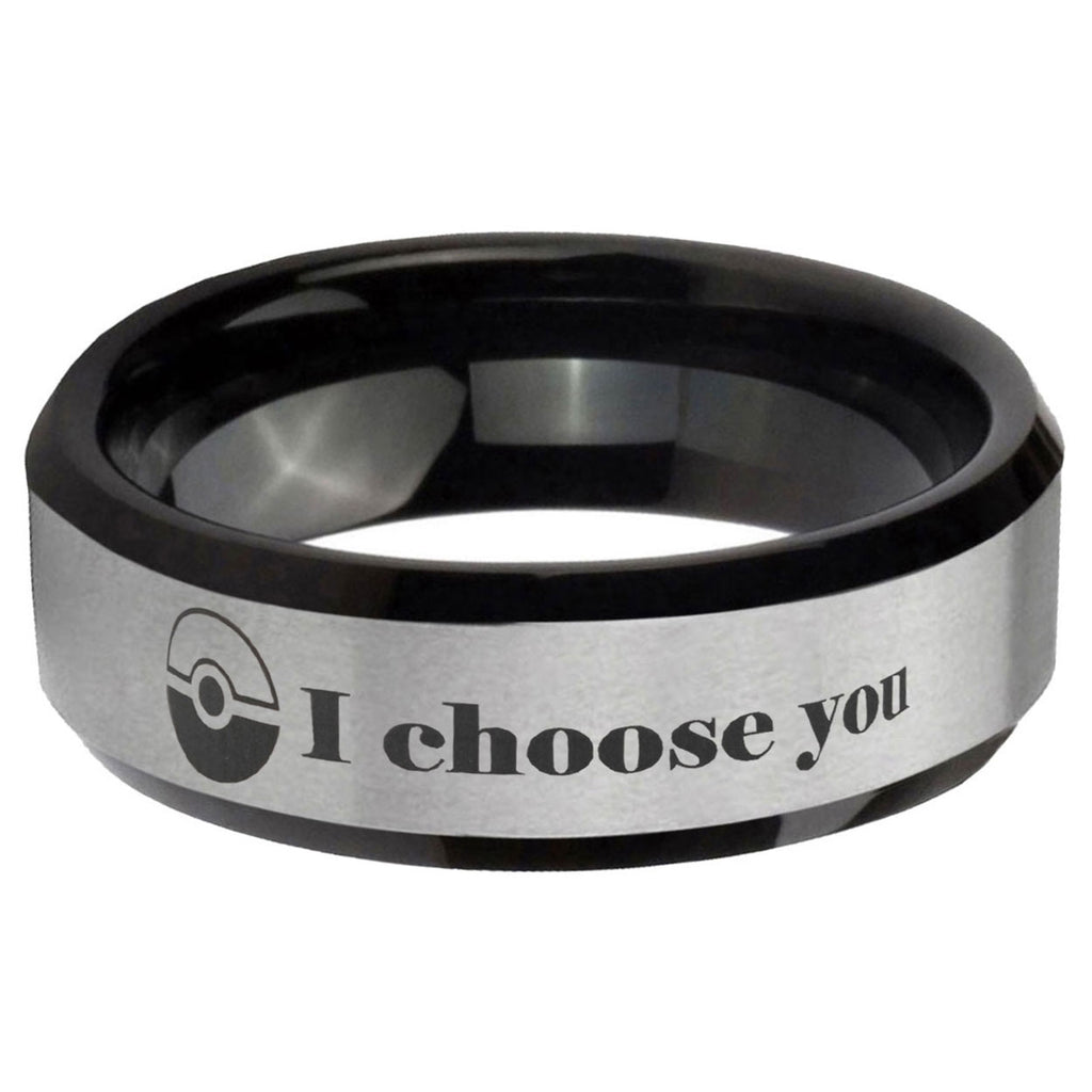 5mm Pokeball Pokemon Two-Tone Beveled Gray Black Tungsten Wedding Ring