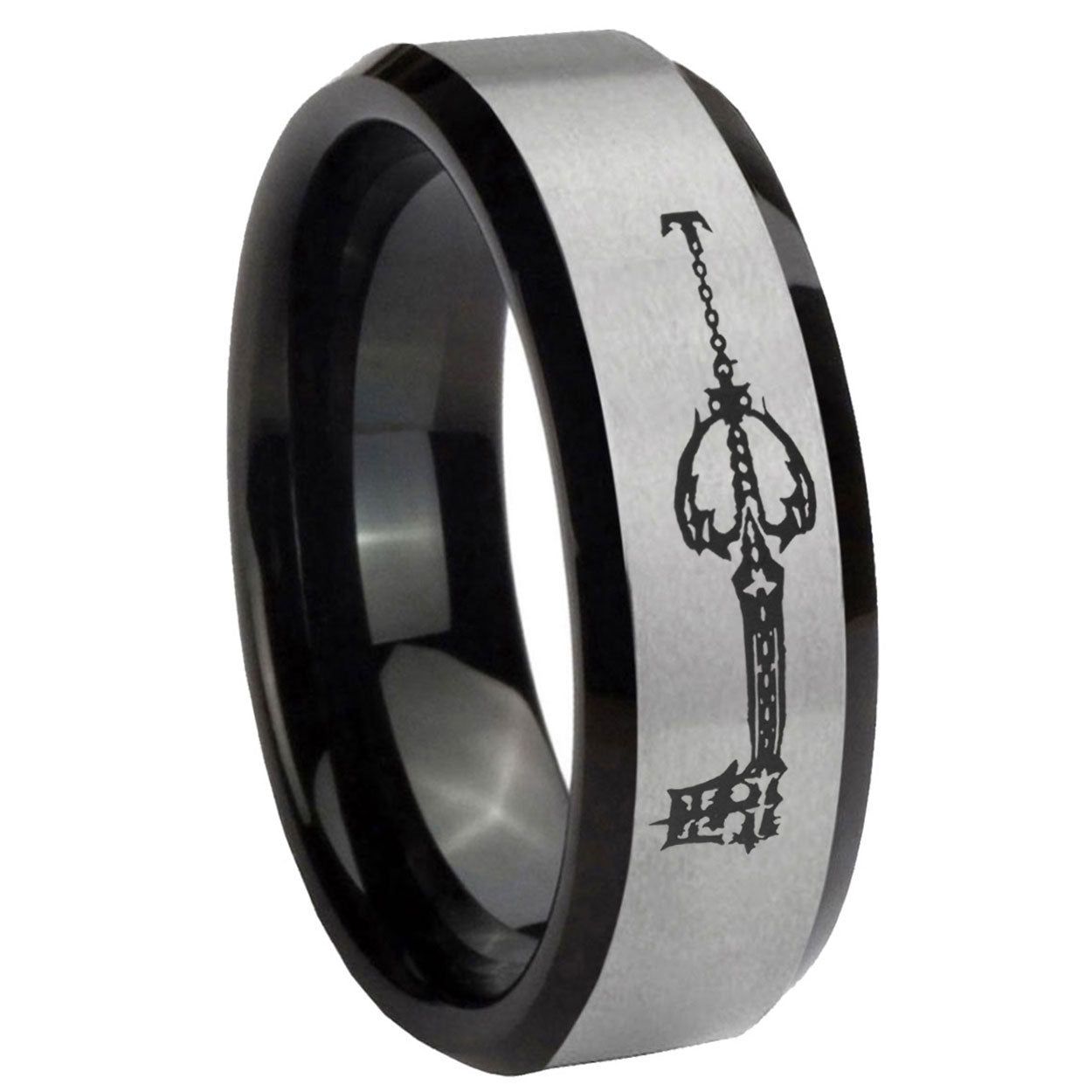 8mm kingdom heart keyblades Two-Tone Beveled Gray Black Tungsten Wedding Ring