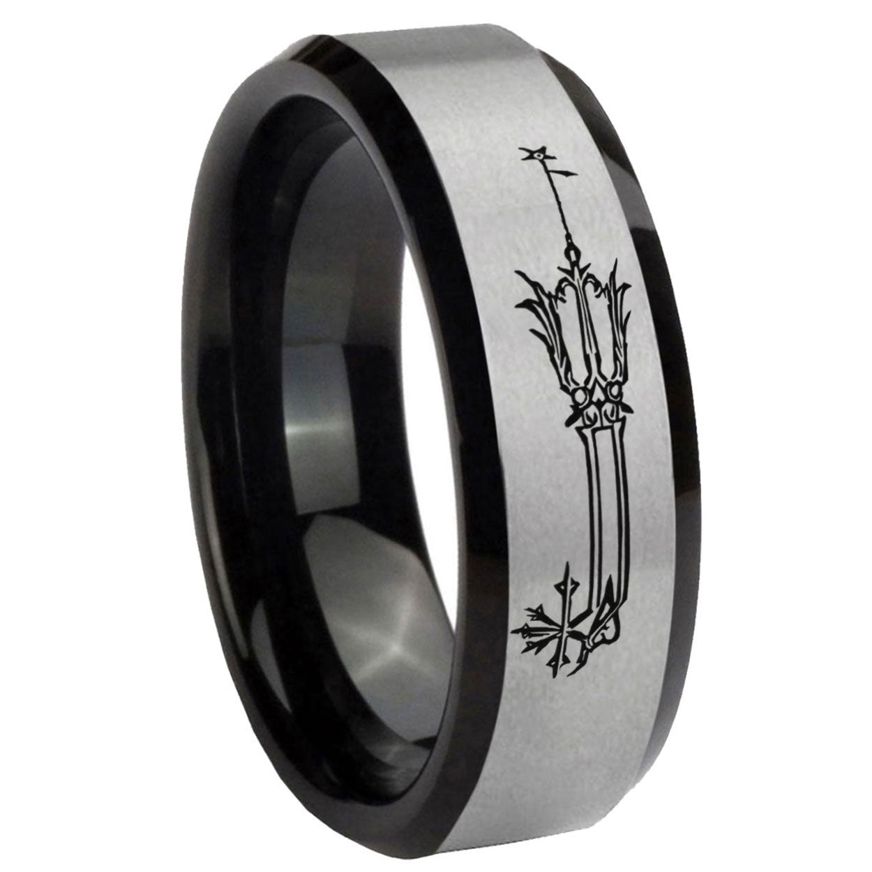 8mm Geekery Oathkeeper Kingdom Hearts Two-Tone Beveled Gray Black Tungsten Wedding Ring